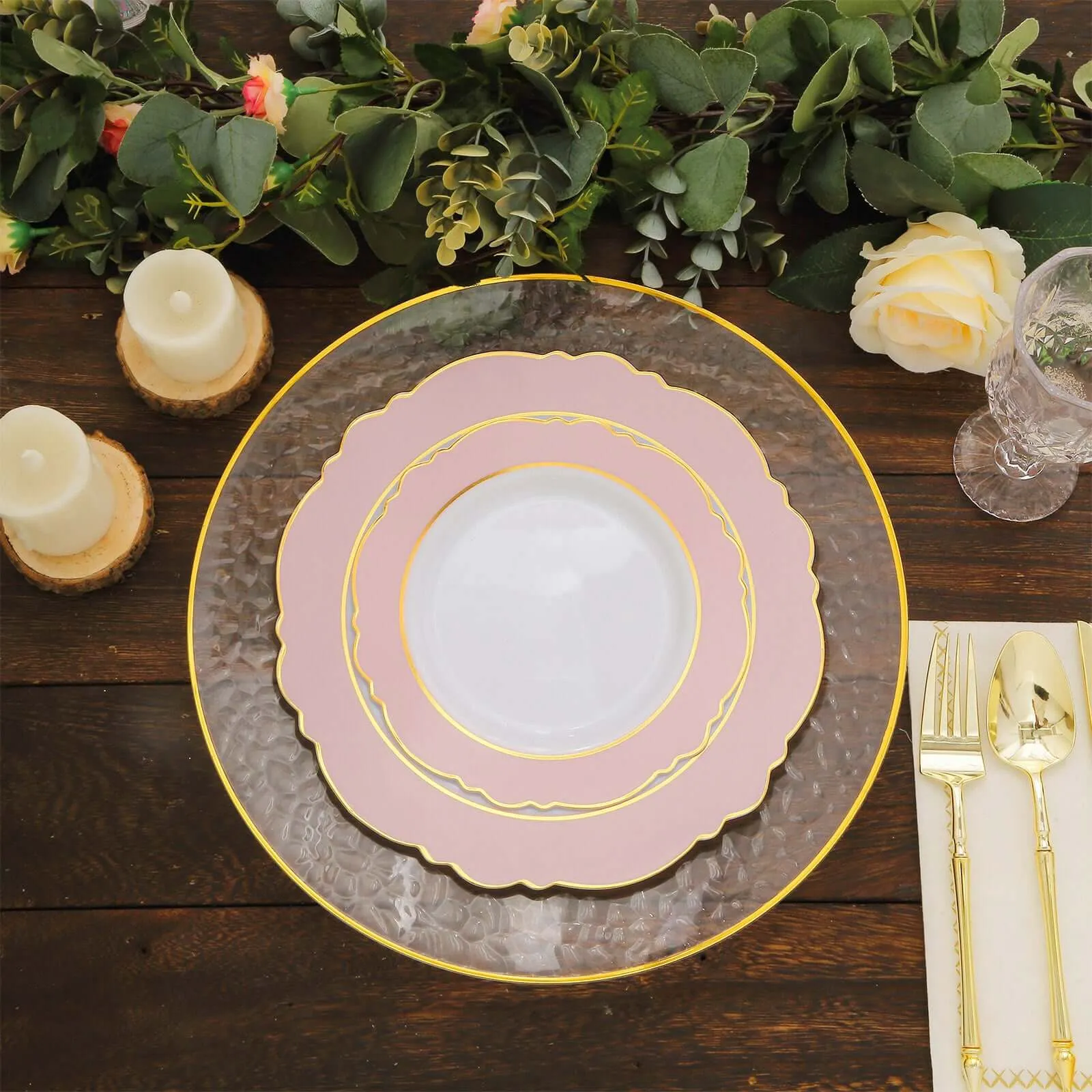 10 Pack 10" Blush White Disposable Dinner Plates With Round Blossom Design, Plastic Party Plates With Gold Rim