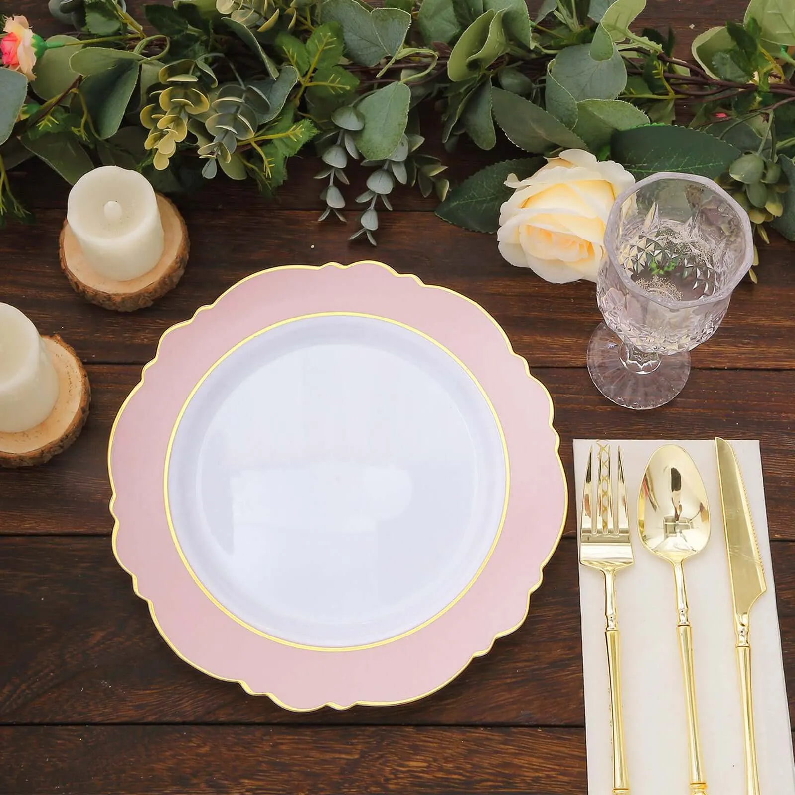 10 Pack 10" Blush White Disposable Dinner Plates With Round Blossom Design, Plastic Party Plates With Gold Rim