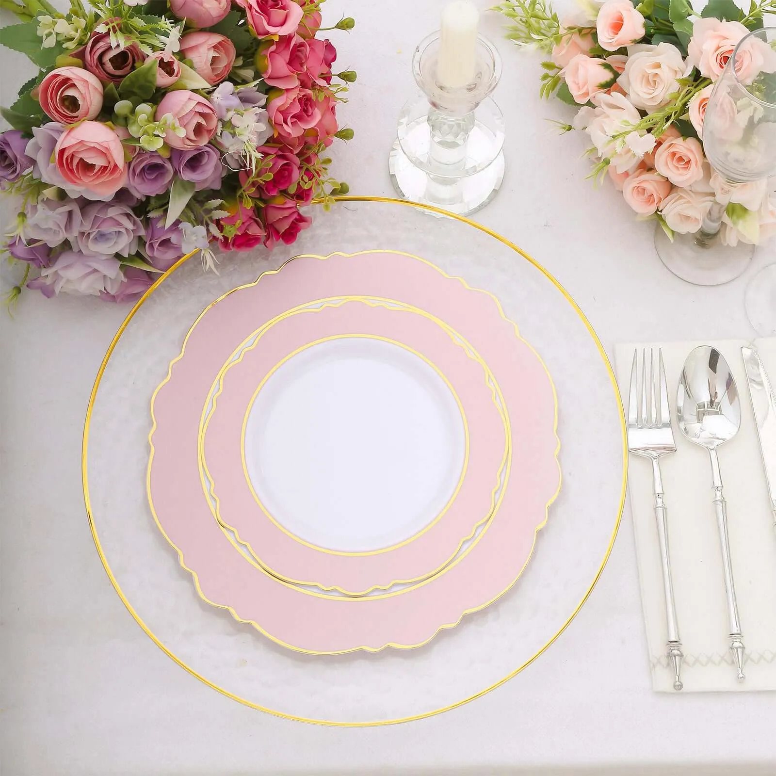 10 Pack 10" Blush White Disposable Dinner Plates With Round Blossom Design, Plastic Party Plates With Gold Rim