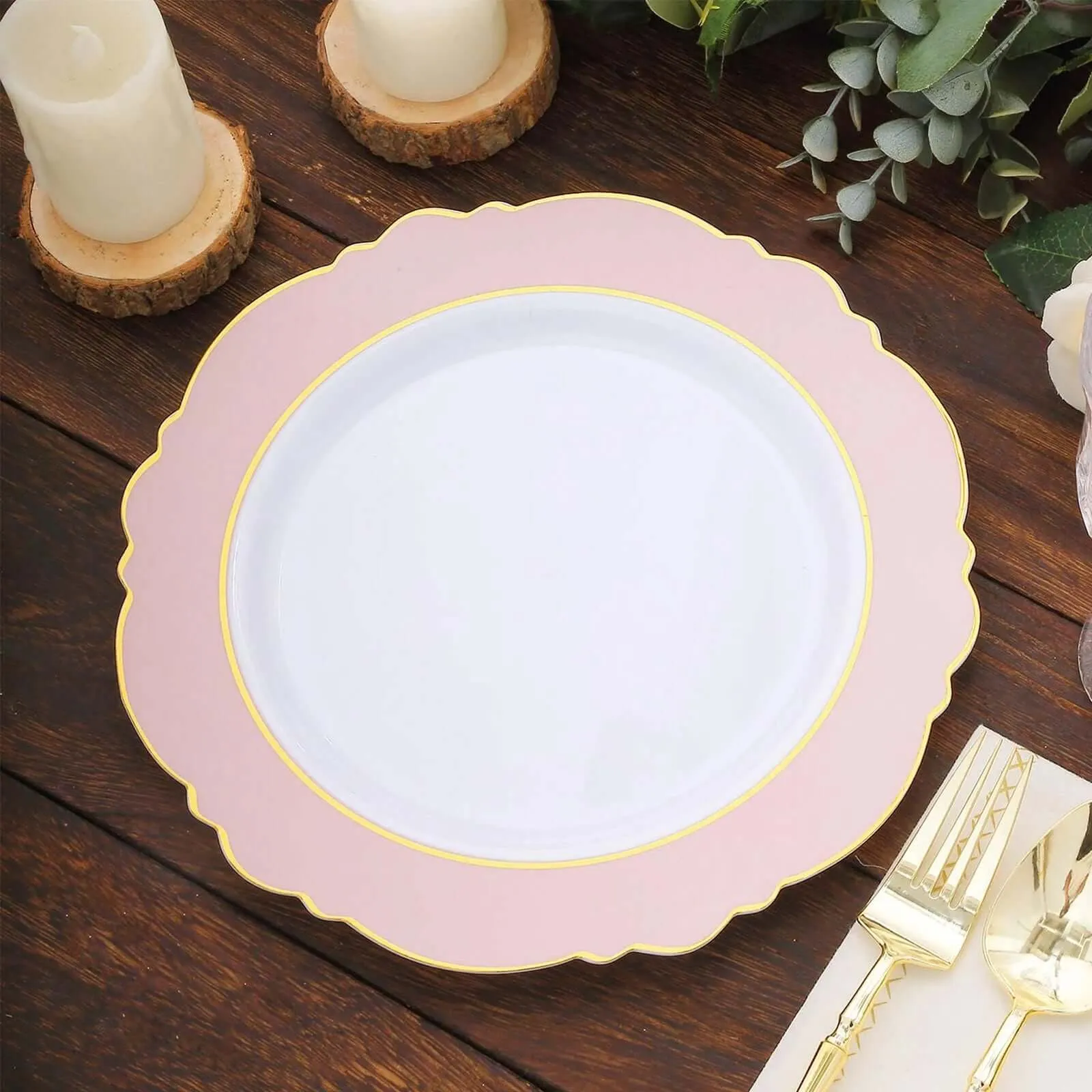 10 Pack 10" Blush White Disposable Dinner Plates With Round Blossom Design, Plastic Party Plates With Gold Rim