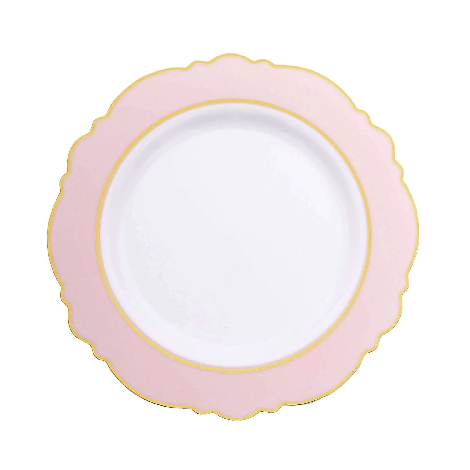 10 Pack 10" Blush White Disposable Dinner Plates With Round Blossom Design, Plastic Party Plates With Gold Rim