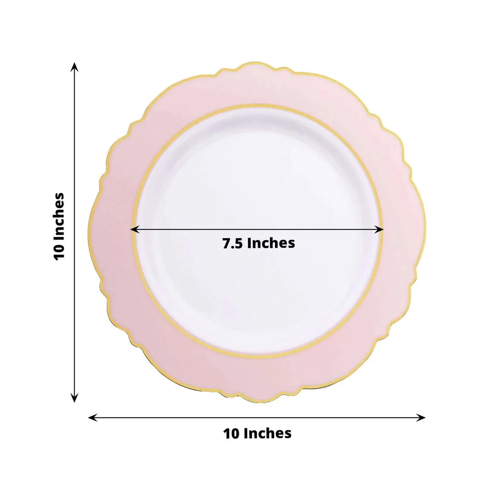 10 Pack 10" Blush White Disposable Dinner Plates With Round Blossom Design, Plastic Party Plates With Gold Rim