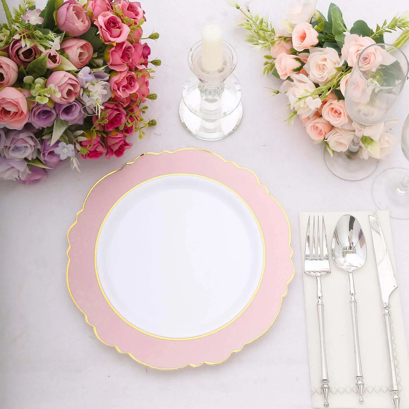 10 Pack 10" Blush White Disposable Dinner Plates With Round Blossom Design, Plastic Party Plates With Gold Rim