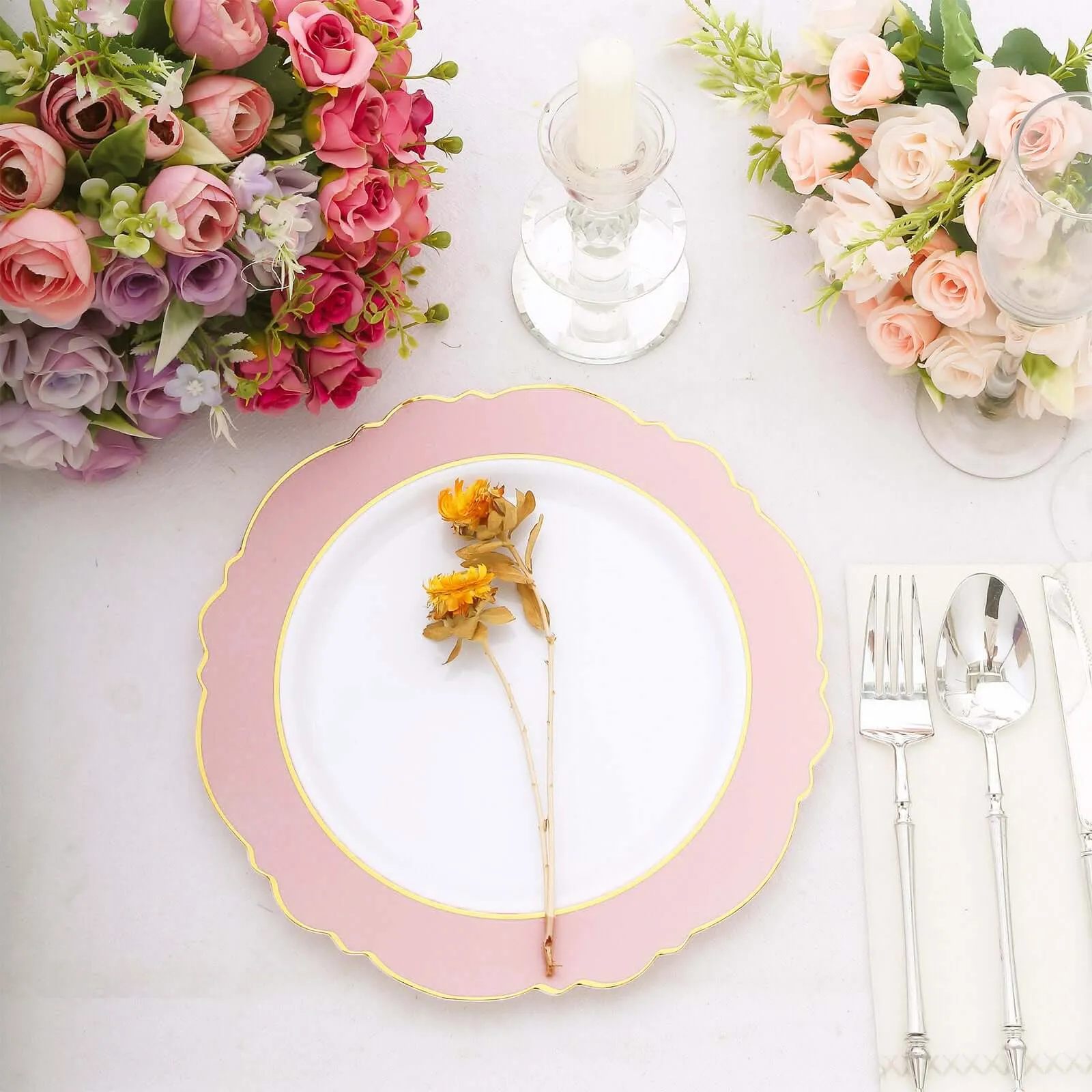 10 Pack 10" Blush White Disposable Dinner Plates With Round Blossom Design, Plastic Party Plates With Gold Rim