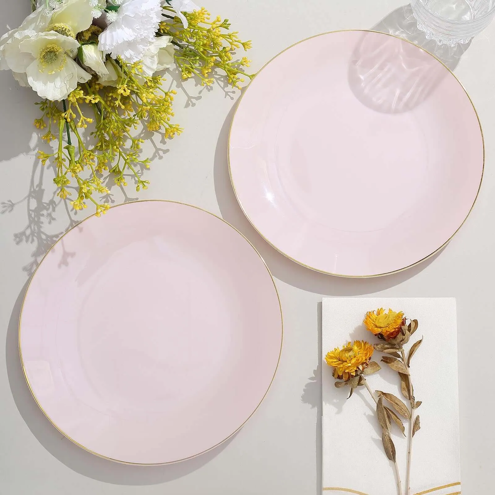 10 Pack 8" Glossy Blush Round Plastic Salad Plates With Gold Rim, Disposable Appetizer Dessert Party Plates