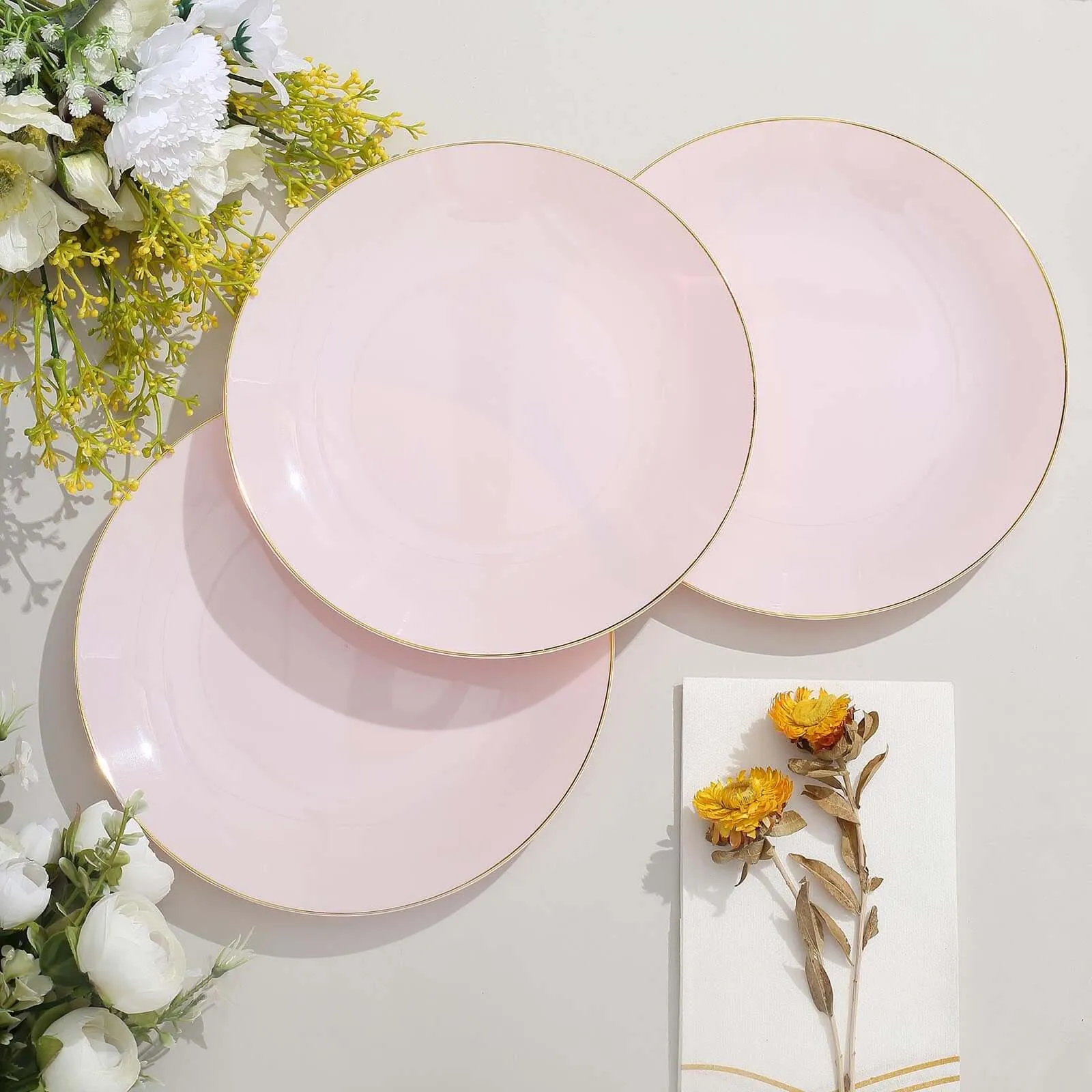 10 Pack 8" Glossy Blush Round Plastic Salad Plates With Gold Rim, Disposable Appetizer Dessert Party Plates