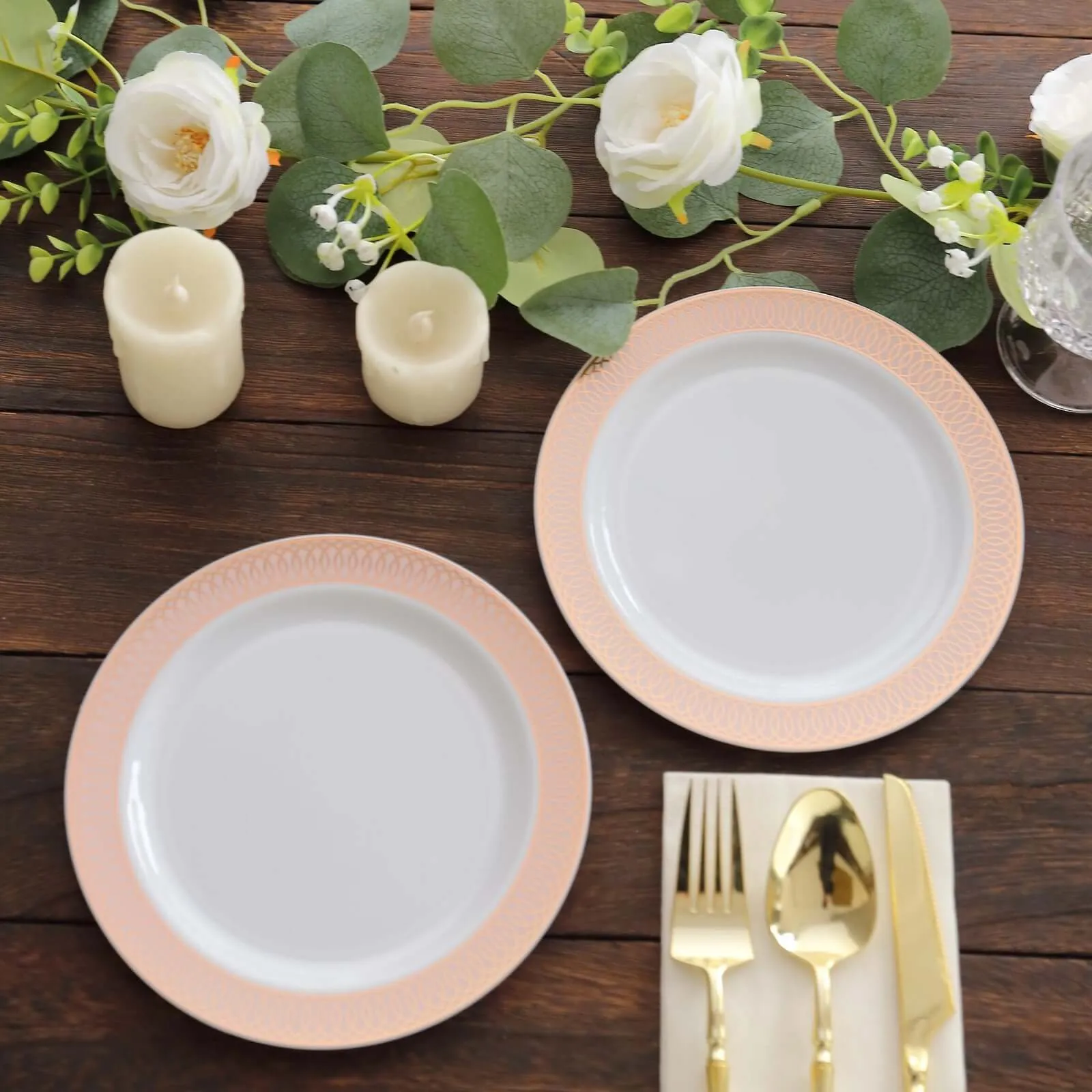 10 Pack White Disposable Salad Plates With Blush Rose Gold Spiral Rim, 7" Round Plastic Dessert Appetizer Plates