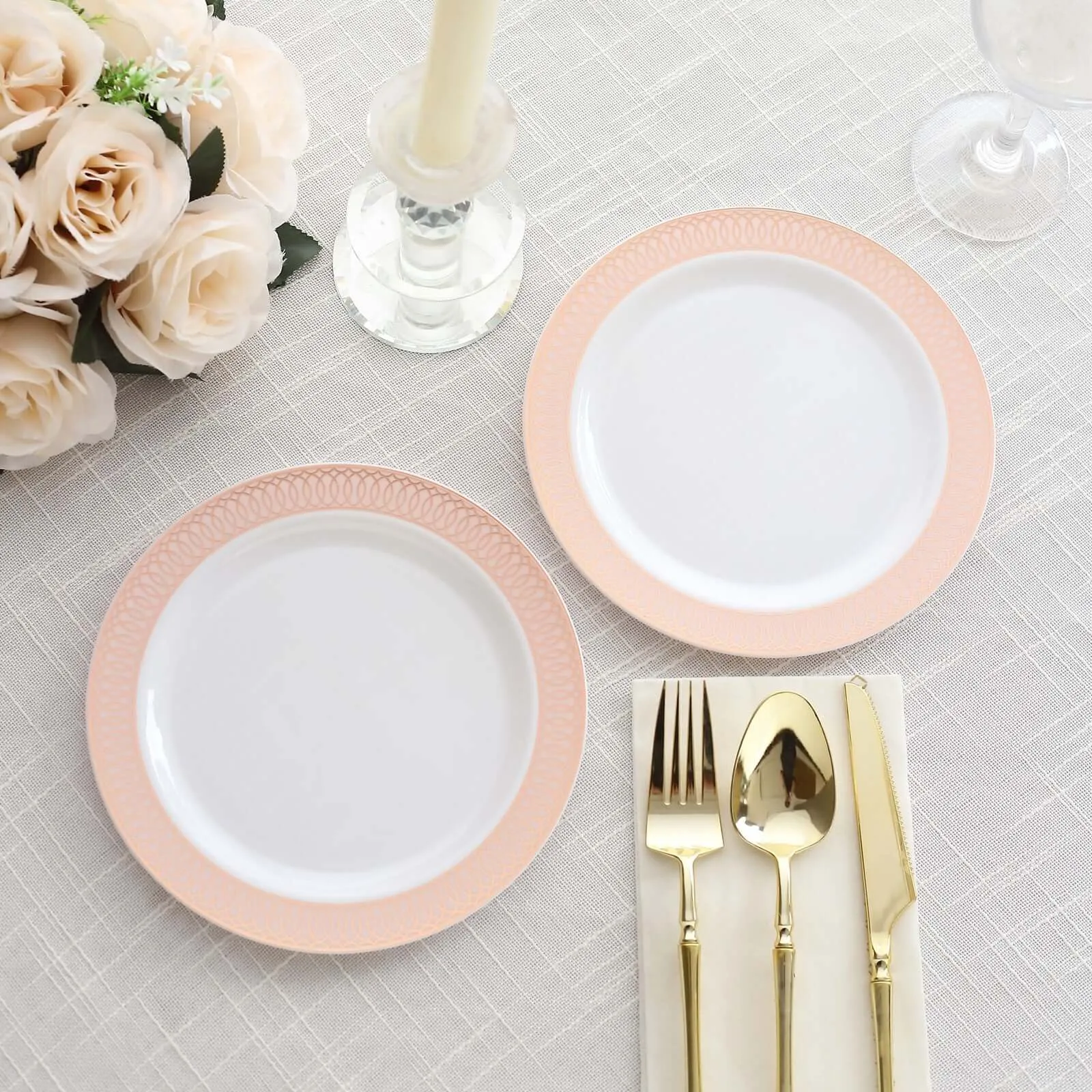 10 Pack White Disposable Salad Plates With Blush Rose Gold Spiral Rim, 7" Round Plastic Dessert Appetizer Plates