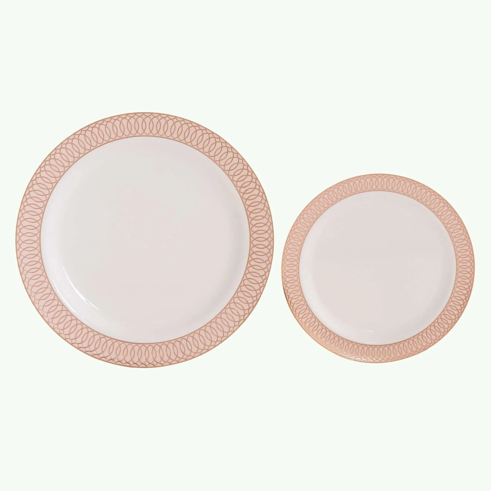 10 Pack White Disposable Salad Plates With Blush Rose Gold Spiral Rim, 7" Round Plastic Dessert Appetizer Plates