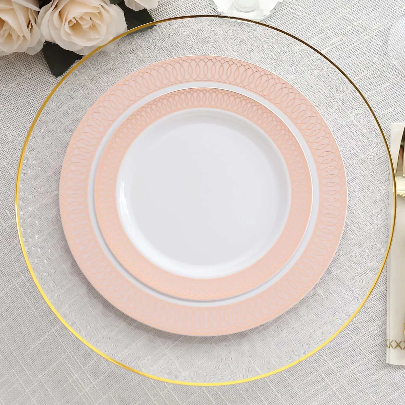 10 Pack White Disposable Salad Plates With Blush Rose Gold Spiral Rim, 7" Round Plastic Dessert Appetizer Plates