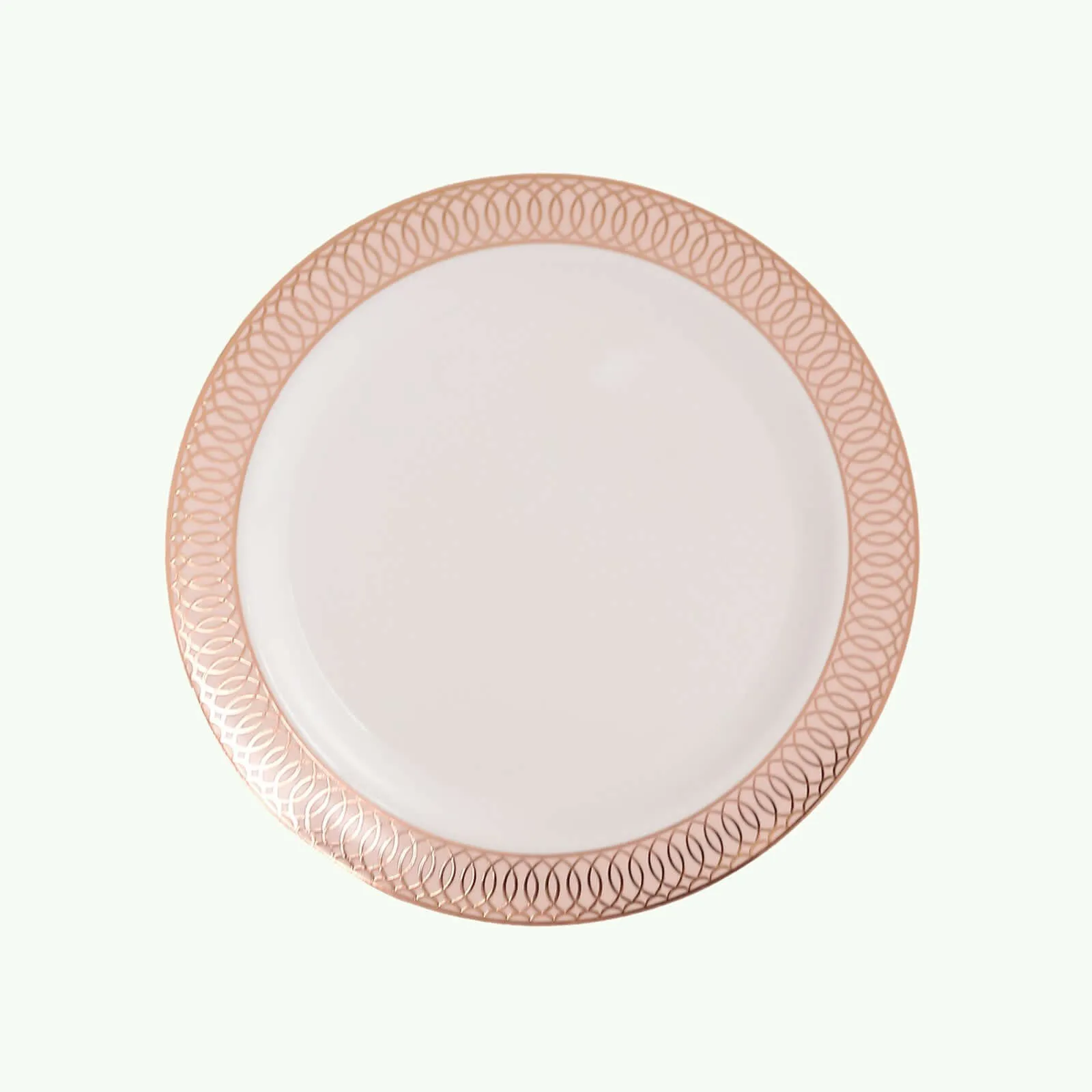 10 Pack White Disposable Salad Plates With Blush Rose Gold Spiral Rim, 7" Round Plastic Dessert Appetizer Plates