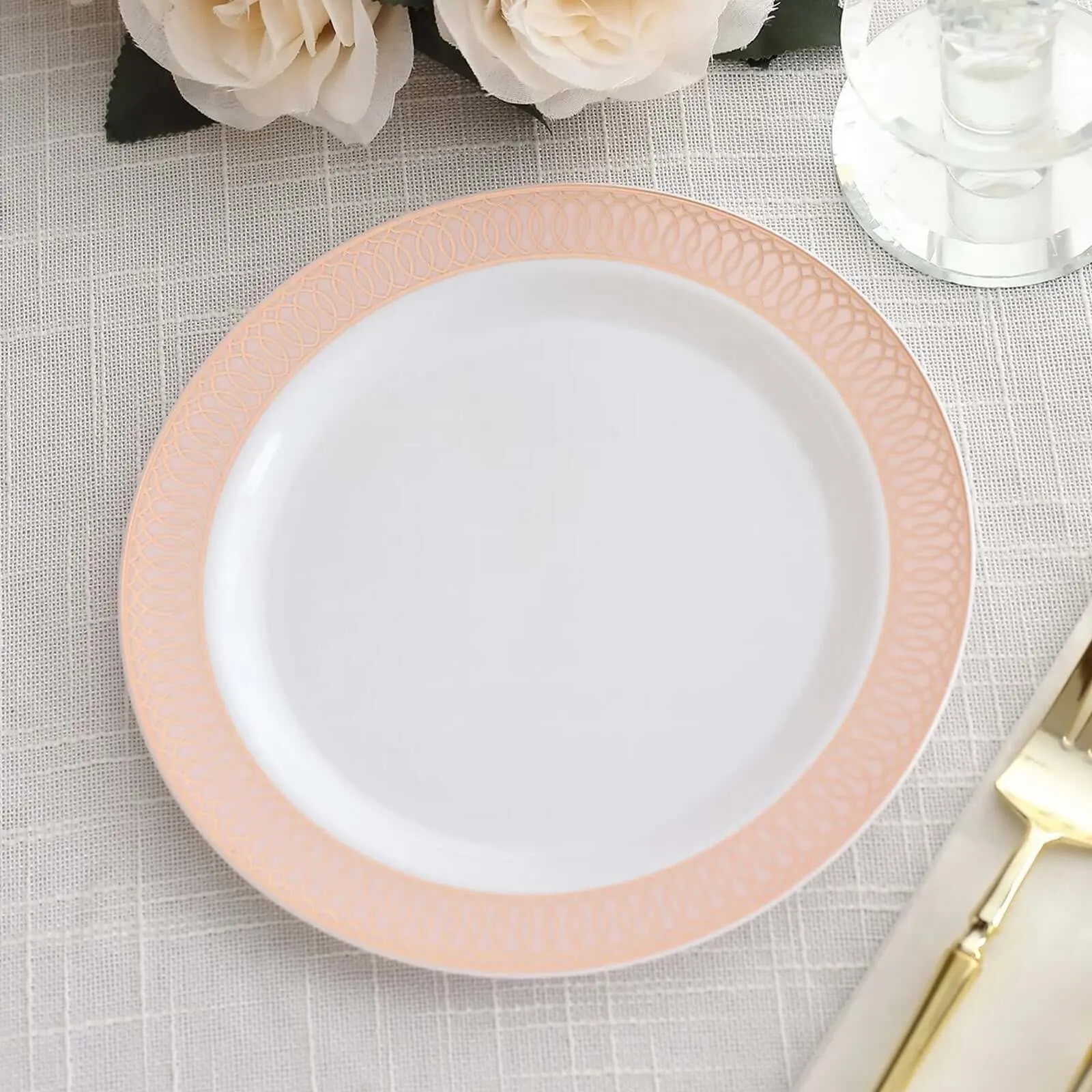 10 Pack White Disposable Salad Plates With Blush Rose Gold Spiral Rim, 7" Round Plastic Dessert Appetizer Plates