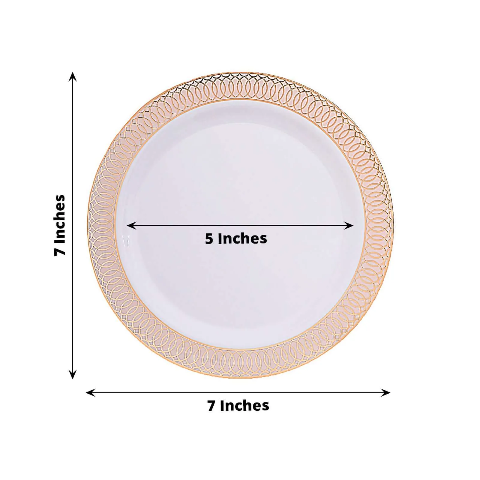 10 Pack White Disposable Salad Plates With Blush Rose Gold Spiral Rim, 7" Round Plastic Dessert Appetizer Plates