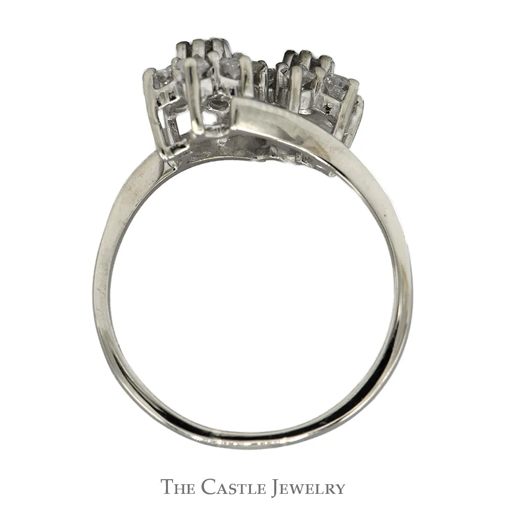 1/2cttw Double Flower Diamond Cluster Ring in 14k White Gold Bypass Design