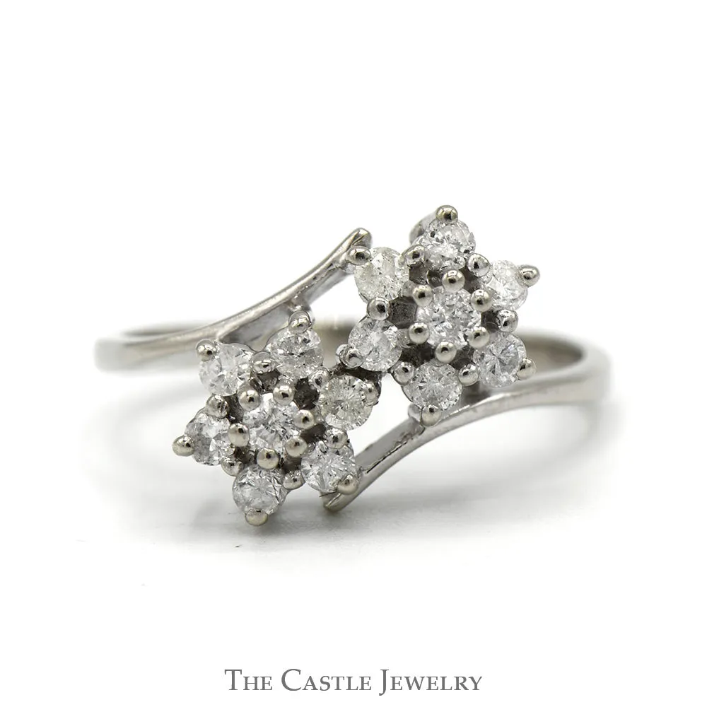 1/2cttw Double Flower Diamond Cluster Ring in 14k White Gold Bypass Design