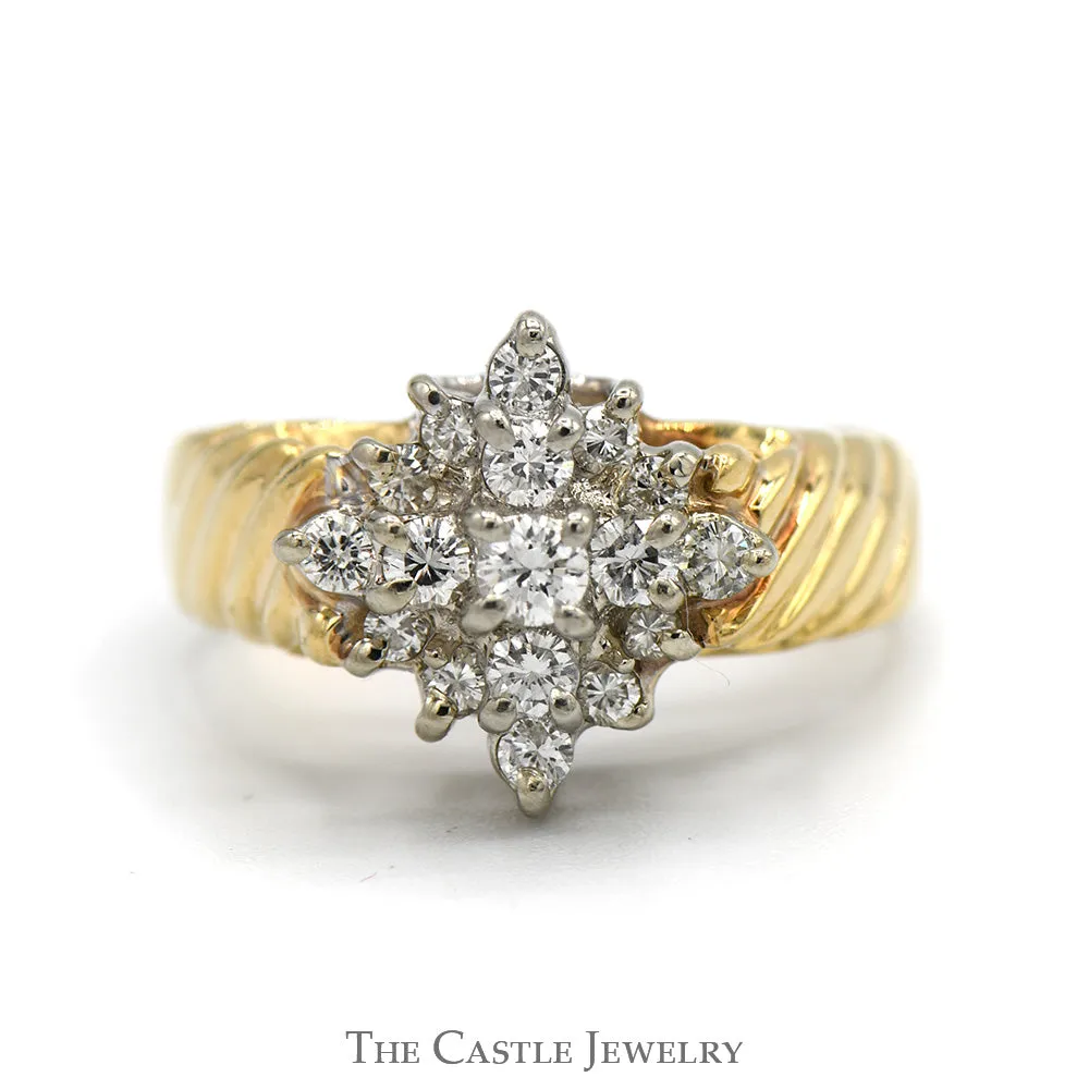 1/4cttw Diamond Starburst Cluster Ring with Ridged Sides in 14k Yellow Gold