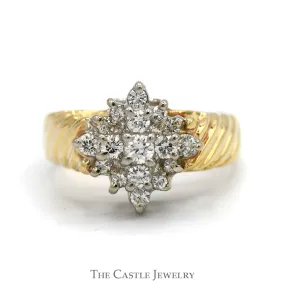 1/4cttw Diamond Starburst Cluster Ring with Ridged Sides in 14k Yellow Gold