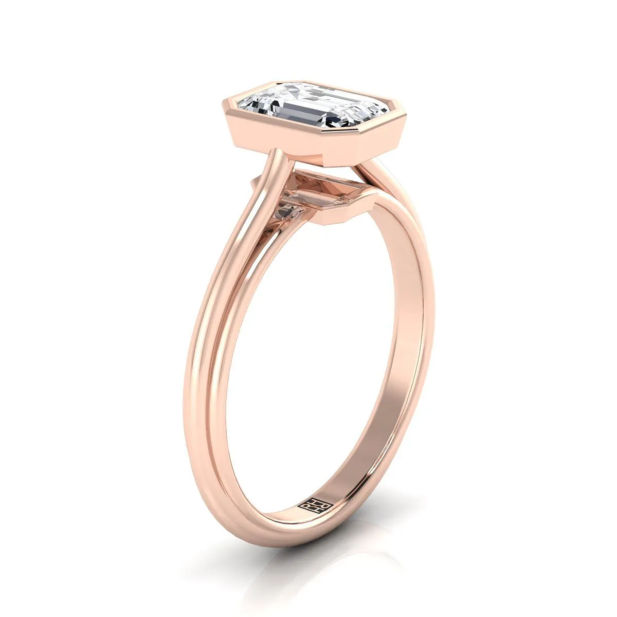 14K Rose Gold Emerald Cut  Bezel Halo Cathedral Solitaire Engagement Ring