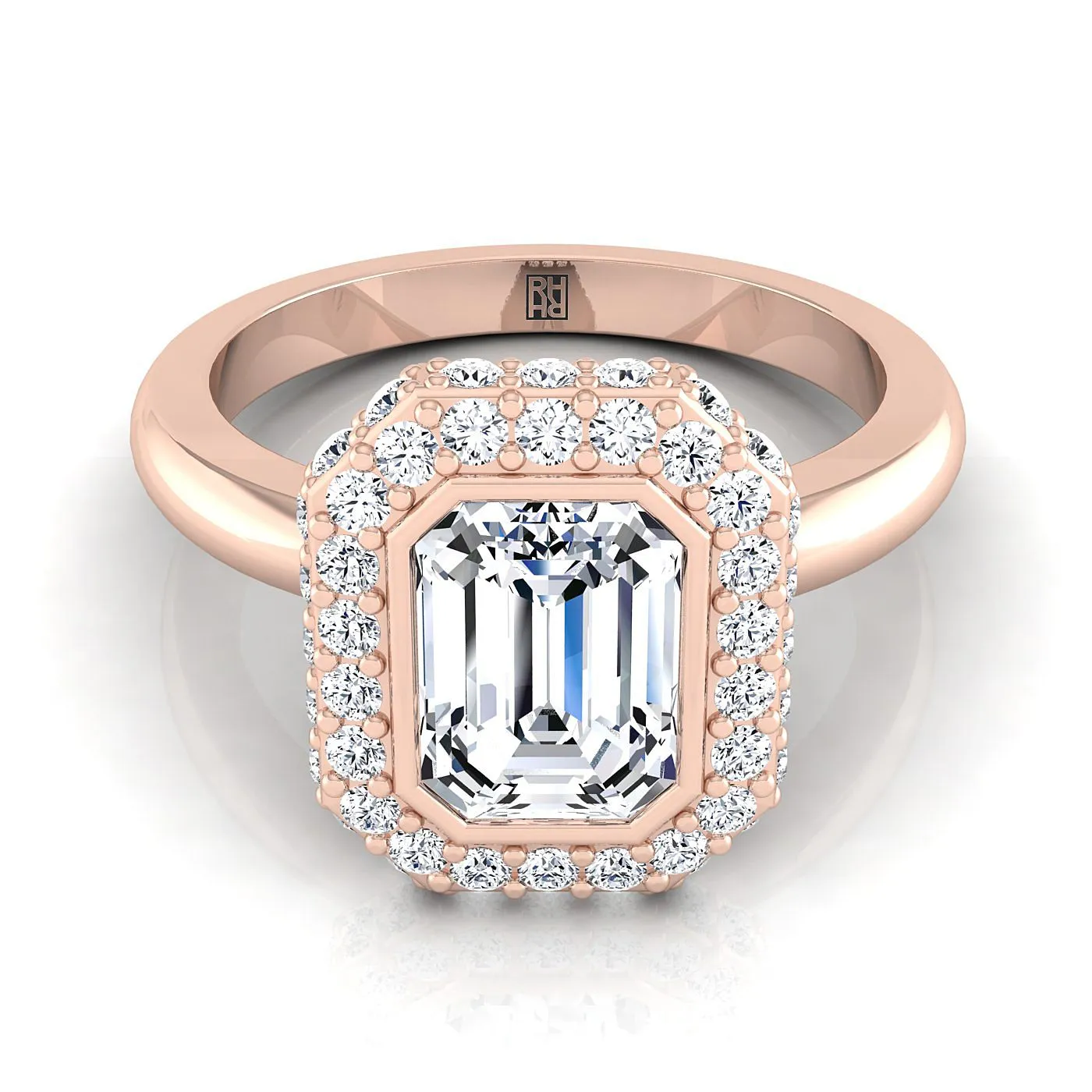 14K Rose Gold Emerald Cut Bezel Pave 3D Halo Solitaire Engagement Ring