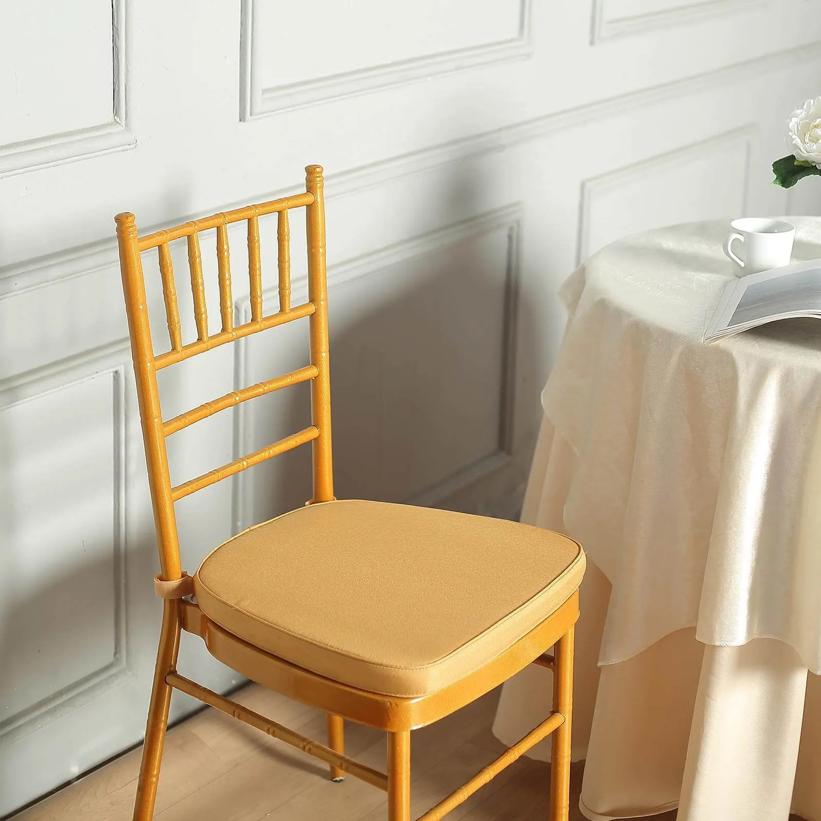 1.5" Thick Gold Chiavari Chair Pad, Memory Foam Seat Cushion With Ties and Removable Cover