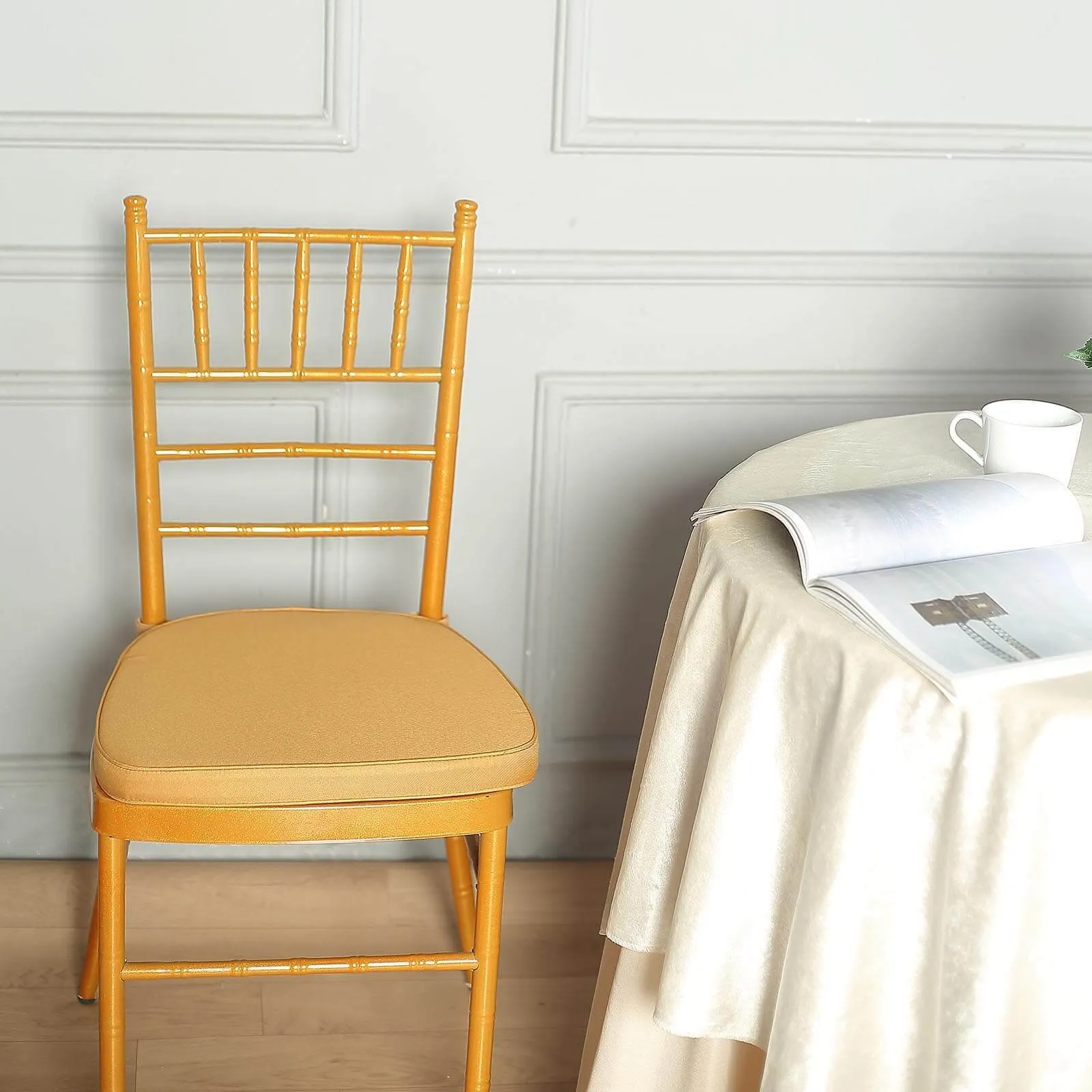 1.5" Thick Gold Chiavari Chair Pad, Memory Foam Seat Cushion With Ties and Removable Cover