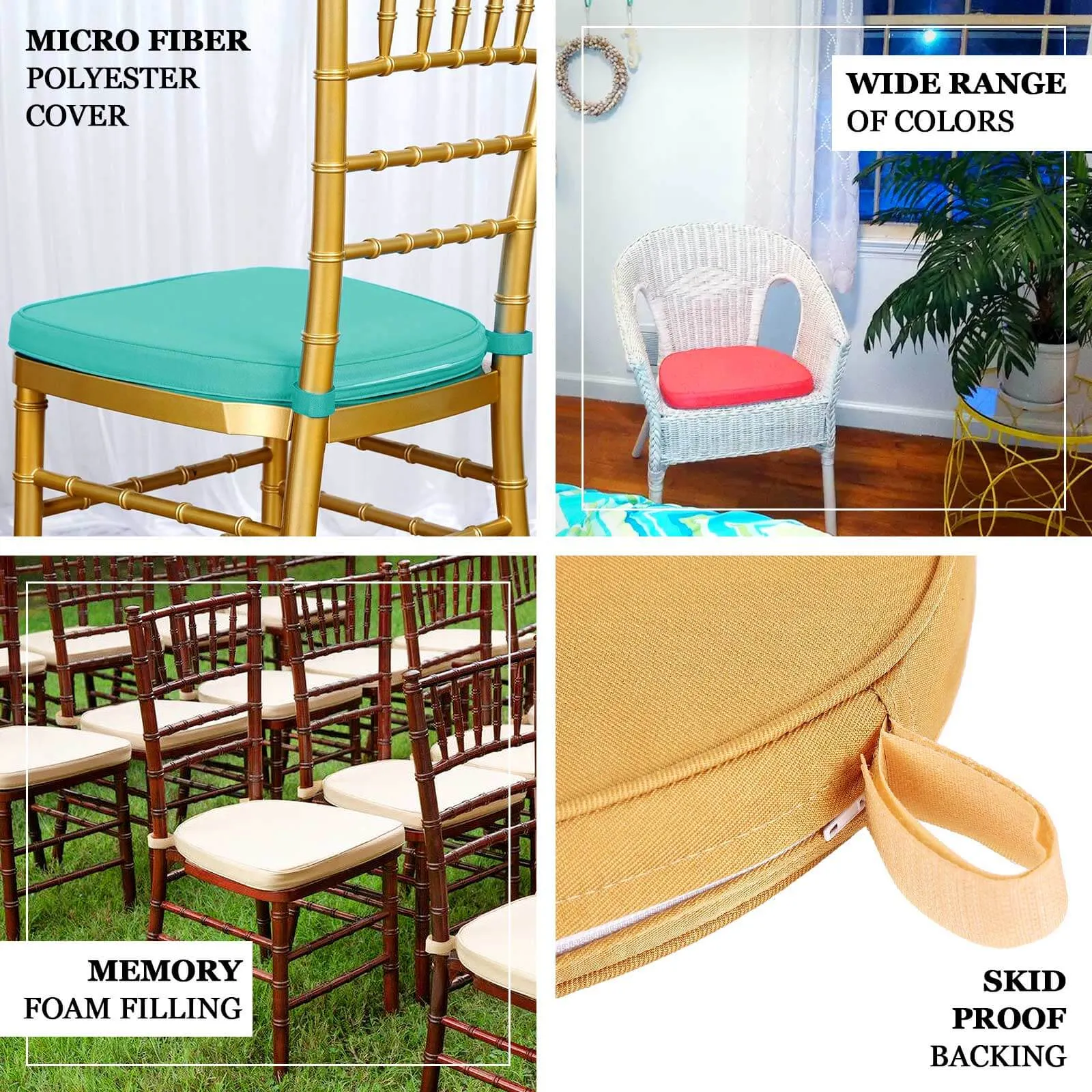 1.5" Thick Gold Chiavari Chair Pad, Memory Foam Seat Cushion With Ties and Removable Cover