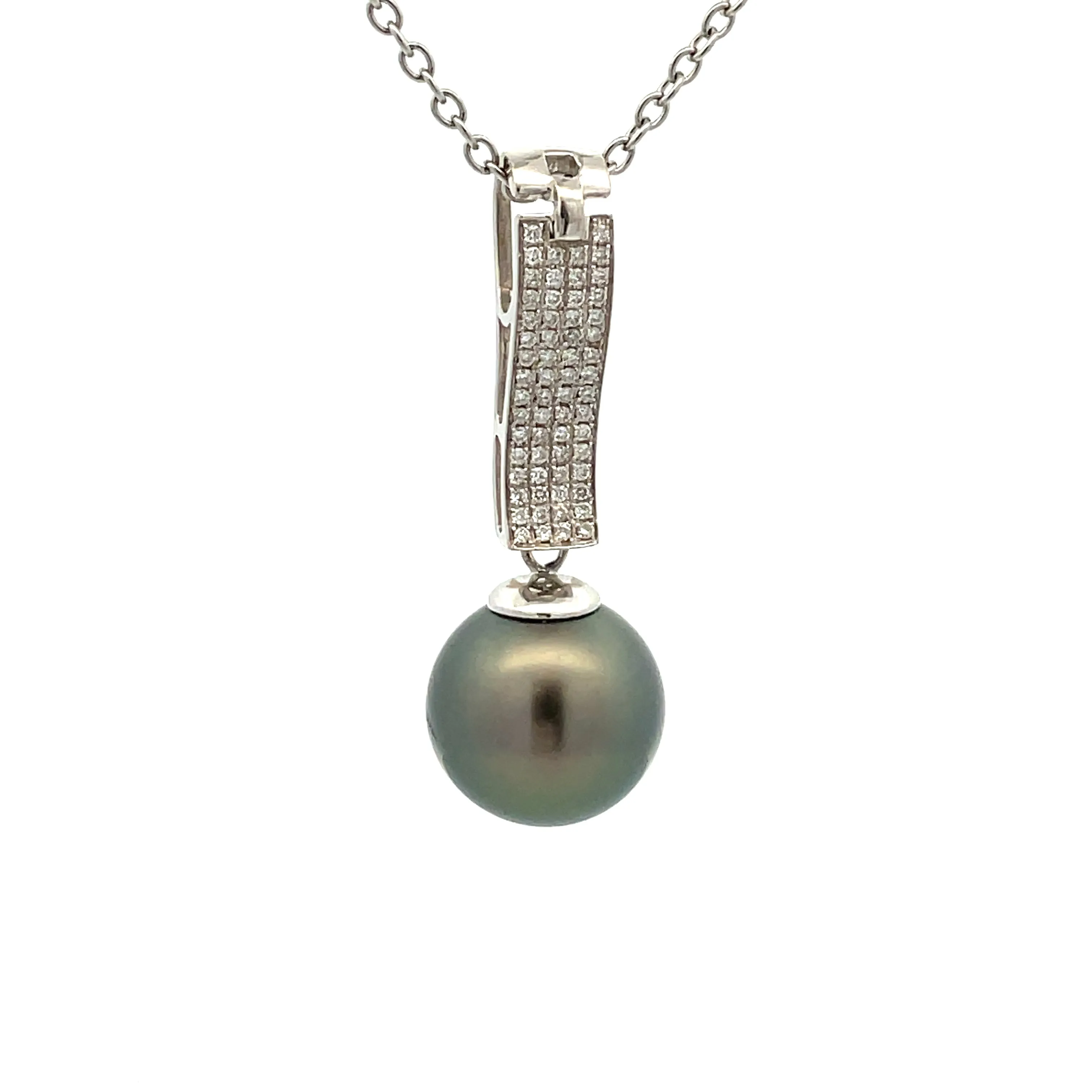 18K White Gold Tahitian Cultured 12 -13 mm Pearl & Diamond Pendant