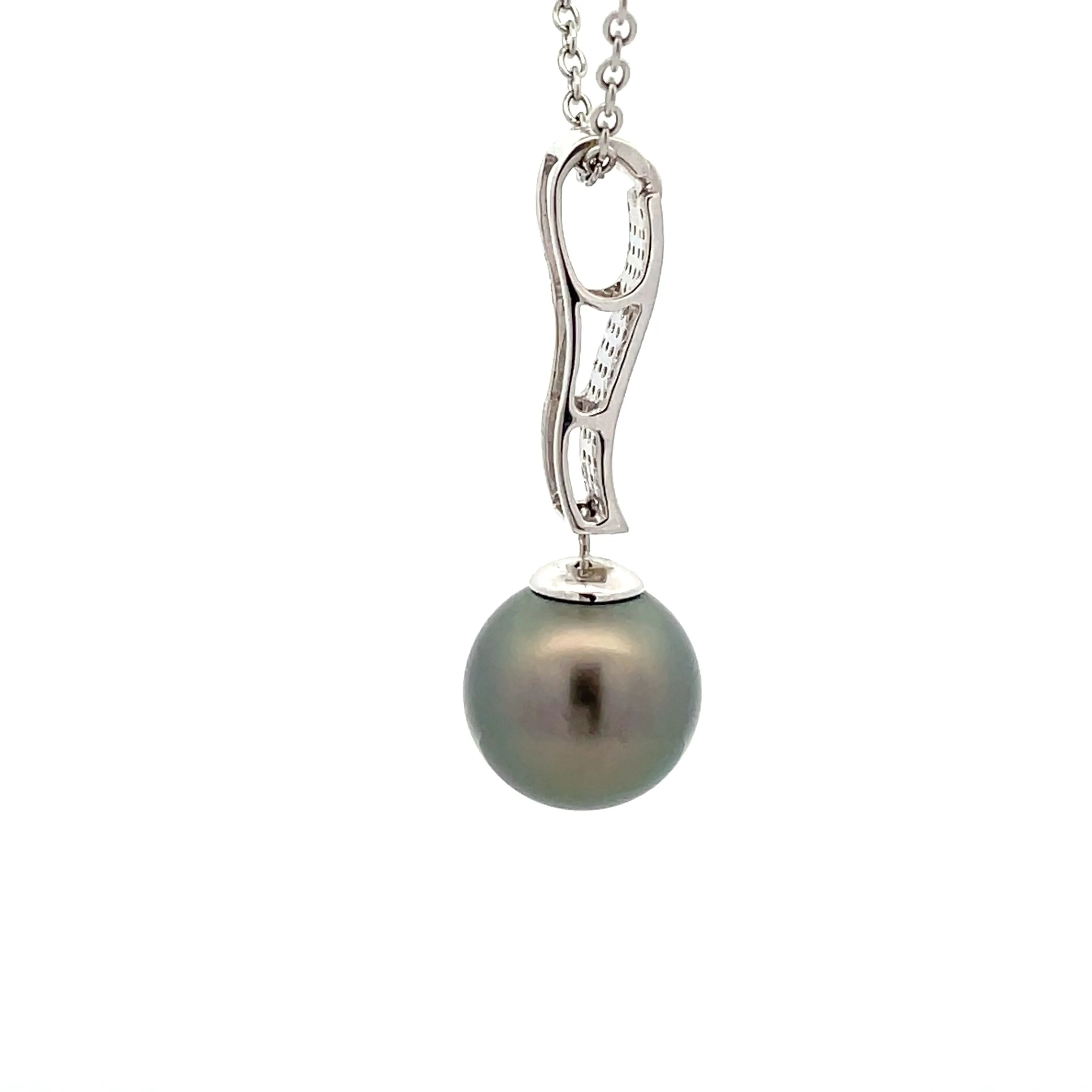 18K White Gold Tahitian Cultured 12 -13 mm Pearl & Diamond Pendant