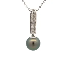 18K White Gold Tahitian Cultured 12 -13 mm Pearl & Diamond Pendant