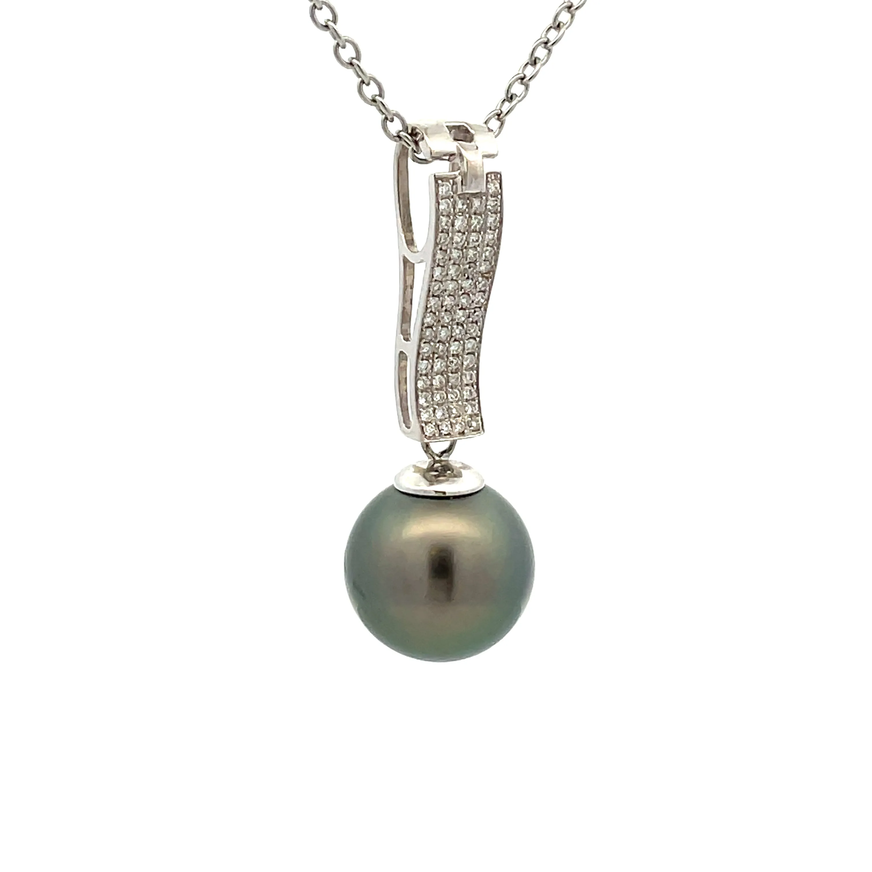 18K White Gold Tahitian Cultured 12 -13 mm Pearl & Diamond Pendant