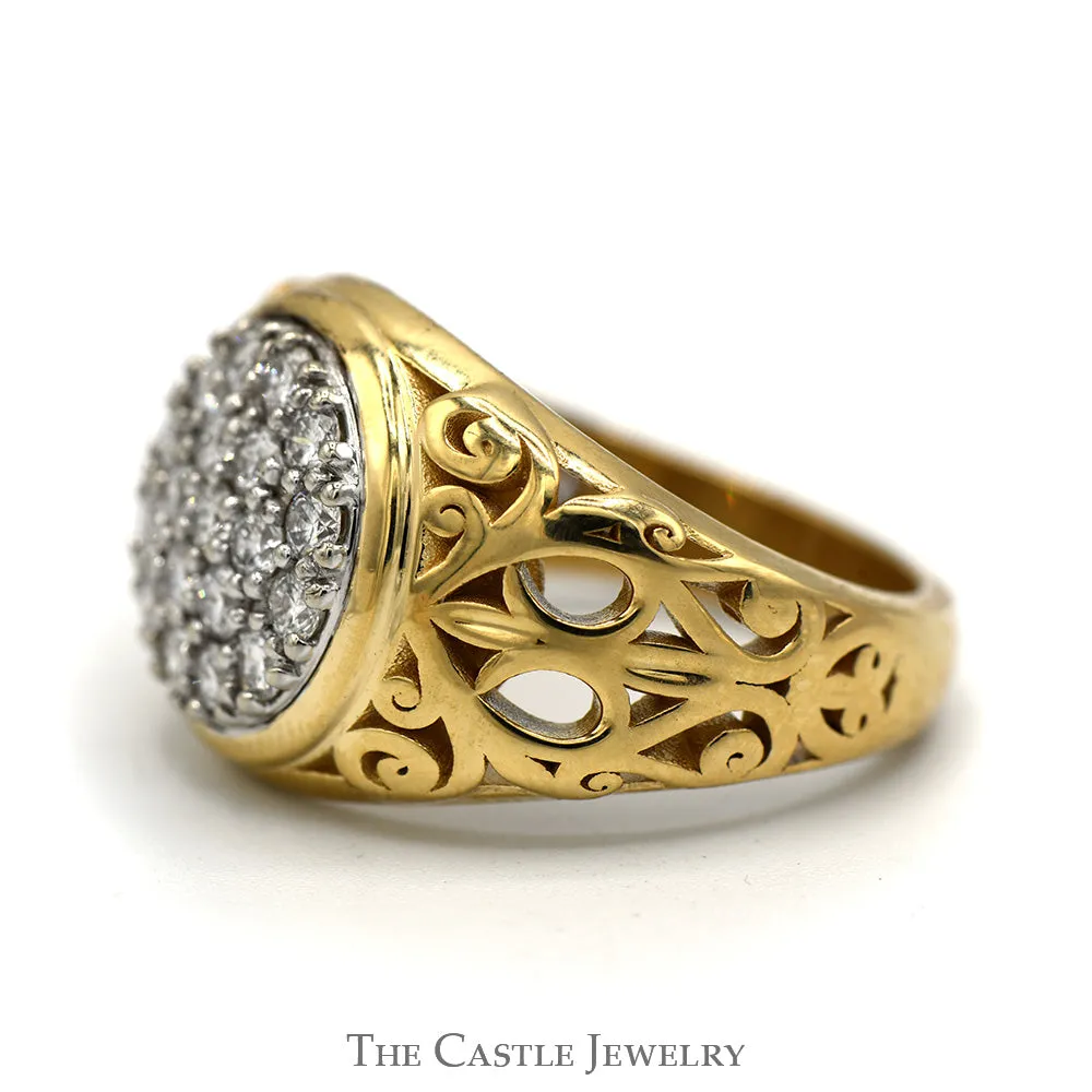 1cttw 19 Diamond Kentucky Cluster Ring with Filigree Sides in 10k Yellow Gold