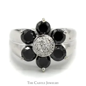 2.5cttw Black and White Diamond Flower Cluster Ring in 10k White Gold