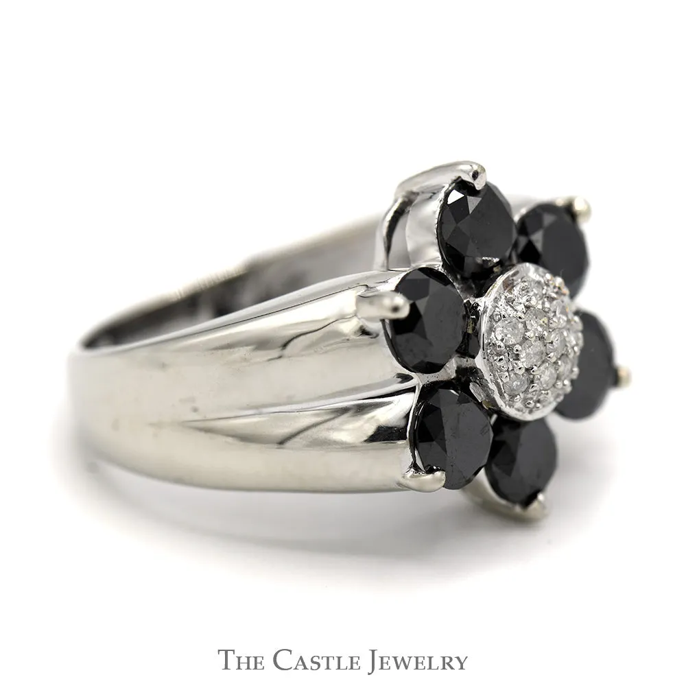 2.5cttw Black and White Diamond Flower Cluster Ring in 10k White Gold