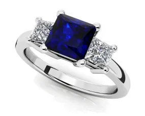 3 Stone Princess Diamond And Gem Diamond Ring with 3.00 ct.(finished) 4.5mm, 7mm Sapphire