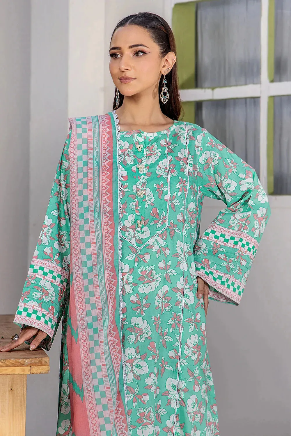 3PC Printed Unstitched Lawn Suit KLA-2707 Aqua