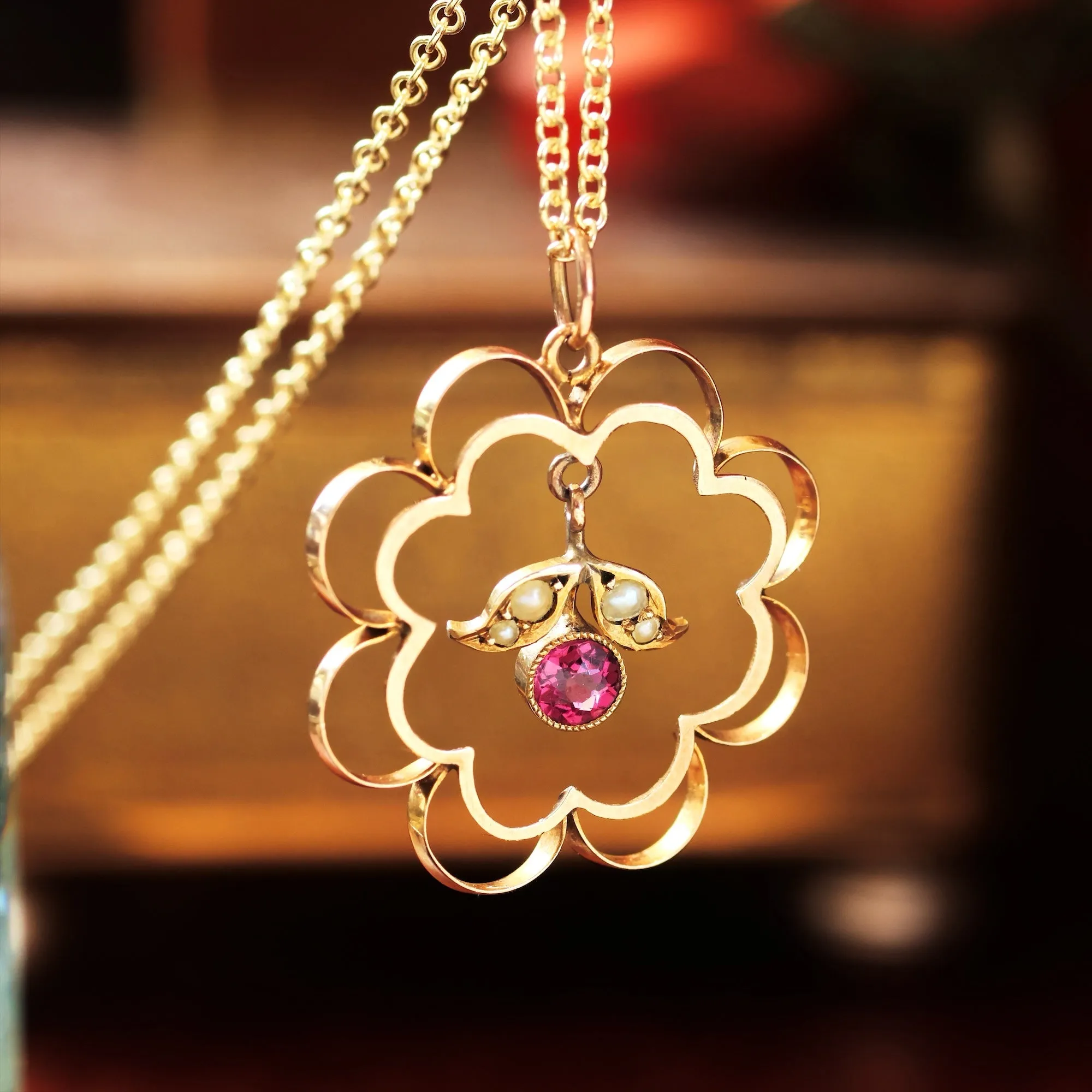 Antique Edwardian Pink Garnet & Gold Pendant