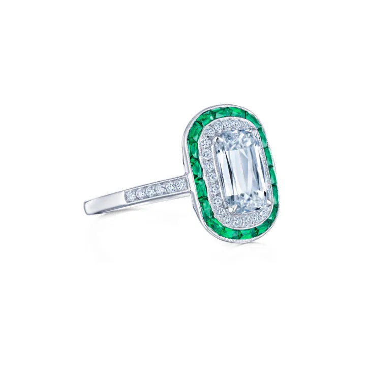 ASHOKA® Engagement Ring with Emerald and Diamond Halos in Platinum