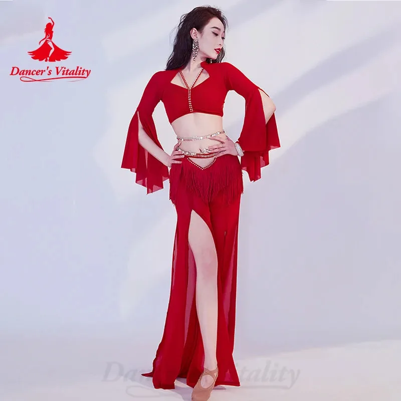 Belly Dance Costumes for Women Oriental Practice Clothes Mesh Sleeves Top tassel Trasouers Eastern Dancing Performance Outfit