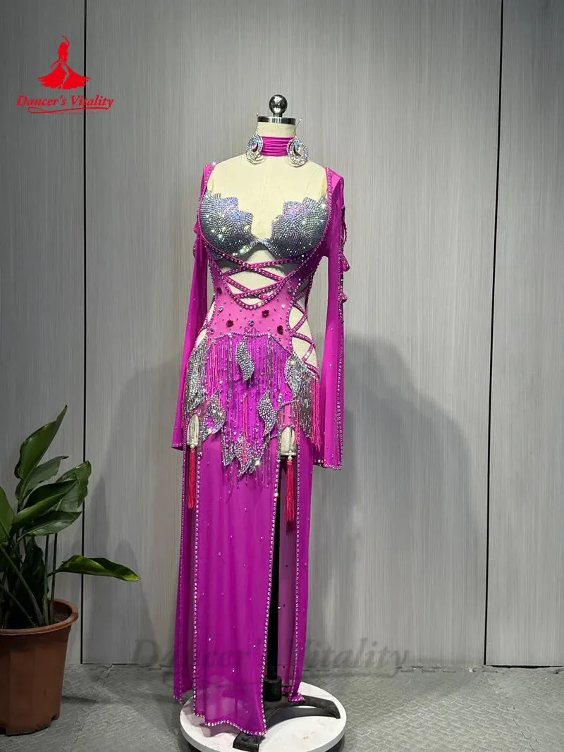 Belly Dance Performance Dress for Women Customsized AB Stones Bra robe 2pcs Adult Children Shaabi Saibi Balady Competiton Robes