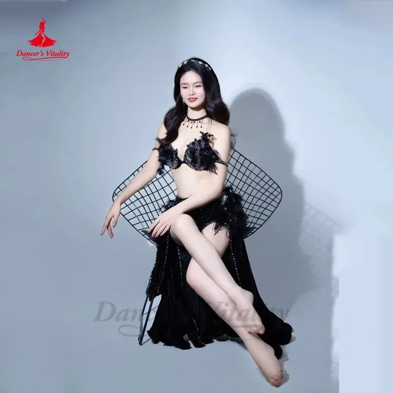 Belly Dancer Costume Set Women Customsized Senior Feather Bra Top split Long Skirt 2pcs Adult Child Oriental Bellydance Outfit