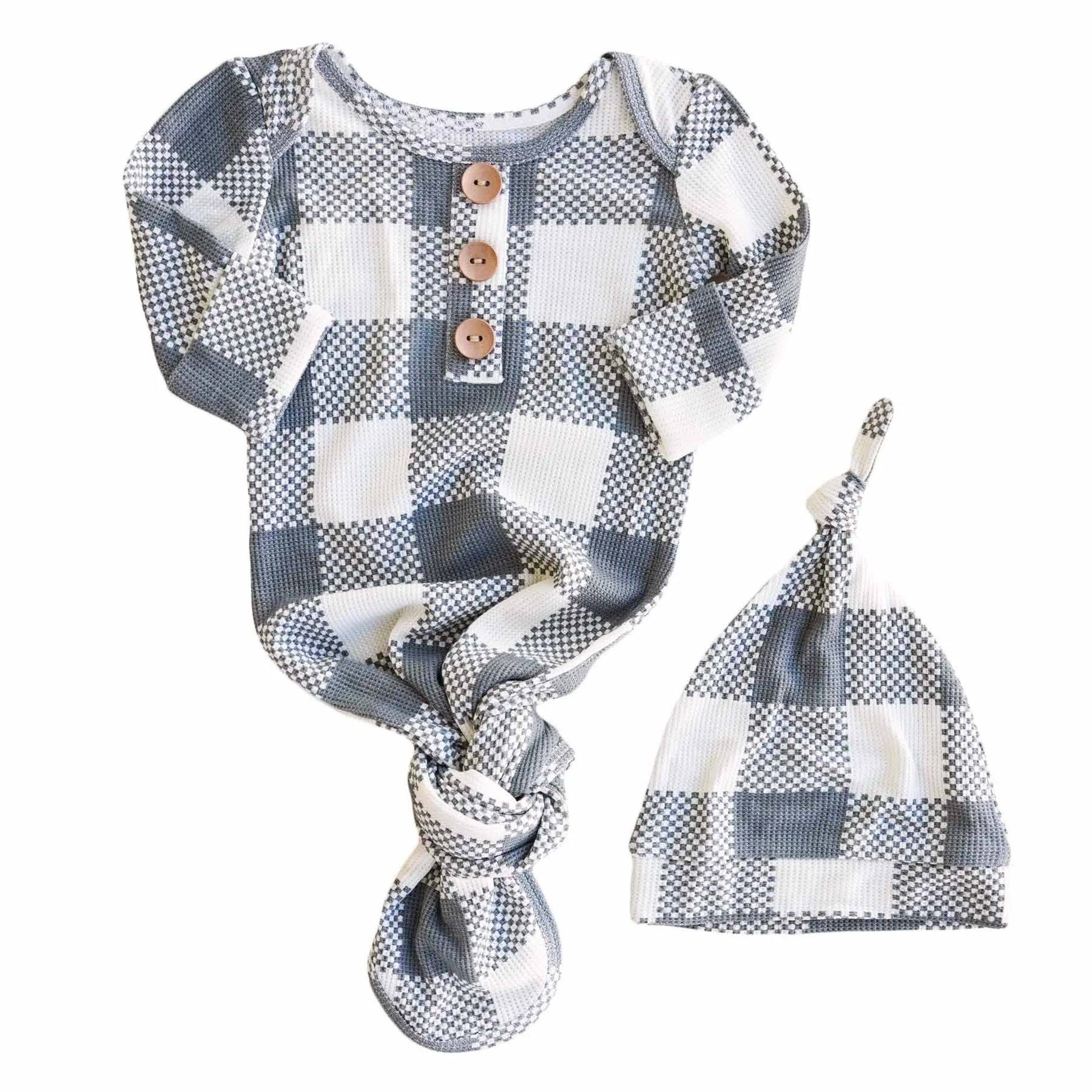 Big Check Waffle Bamboo Newborn Baby Knot Gown & Hat Set | Denim