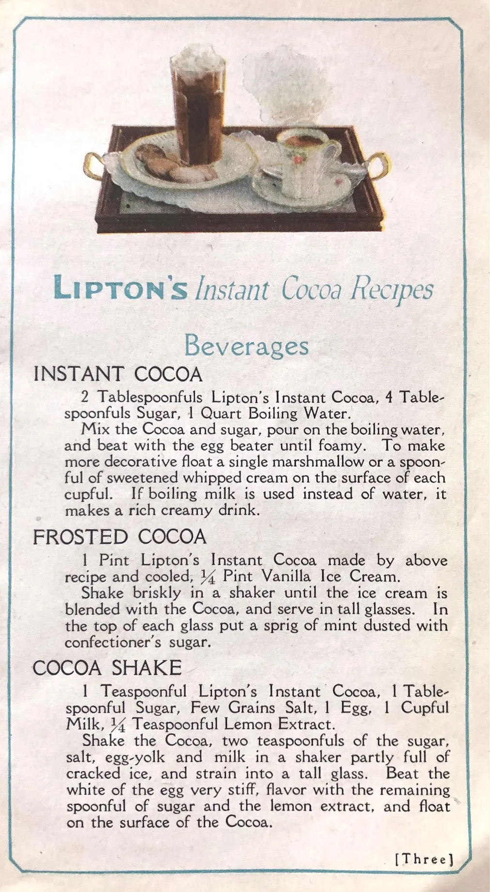 (Booklet) Winnifred Fales. 30 New Recipes for Lipton's Instant Cocoa.