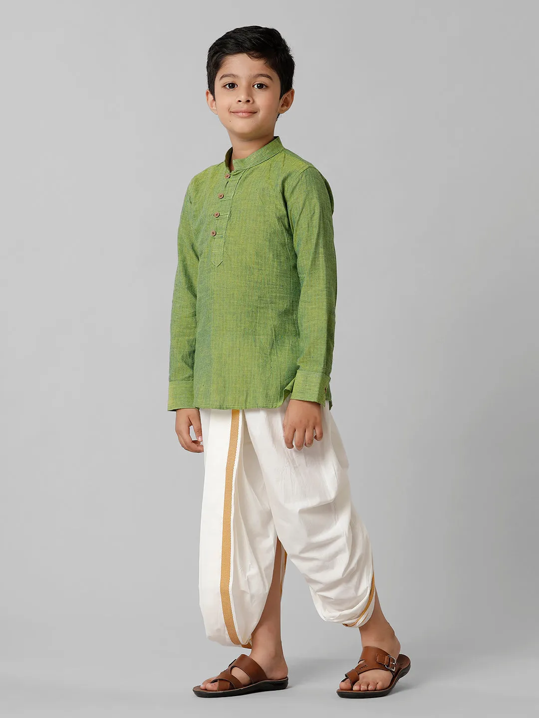 Boys Breeze Cotton Yellowish Green Kurta with Cream Elastic Panchakacham Towel Combo COT3