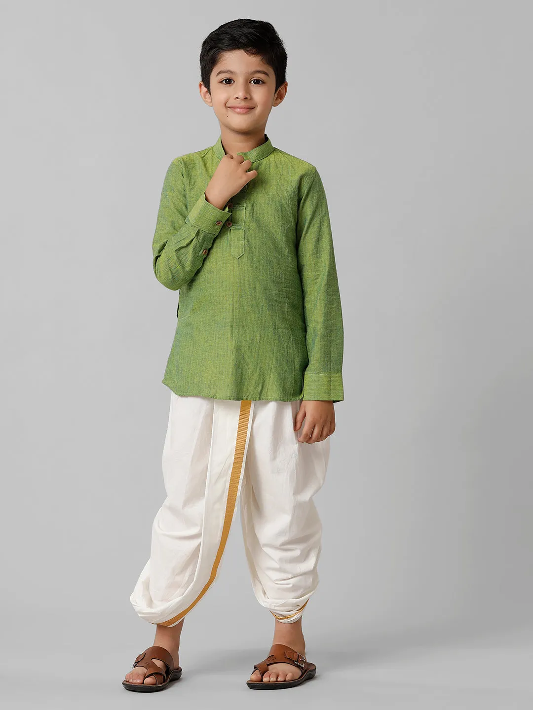 Boys Breeze Cotton Yellowish Green Kurta with Cream Elastic Panchakacham Towel Combo COT3