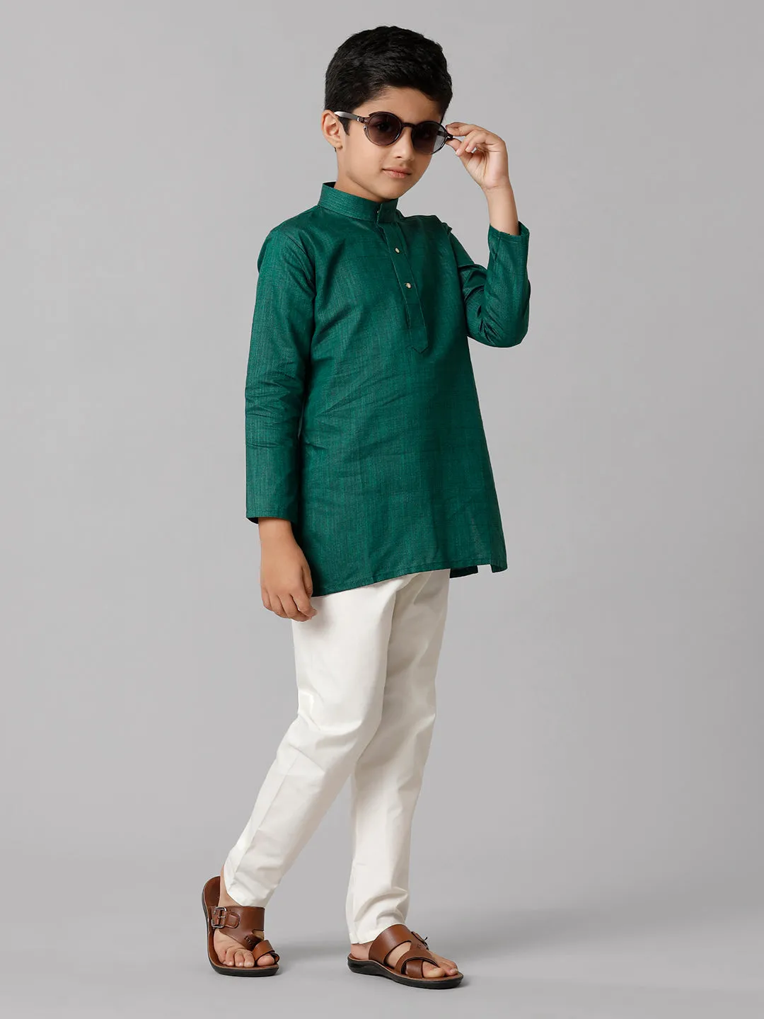 Boys Cotton Full Sleeves Dark Green Kurta with Cream Pyjama Pant Combo FS5