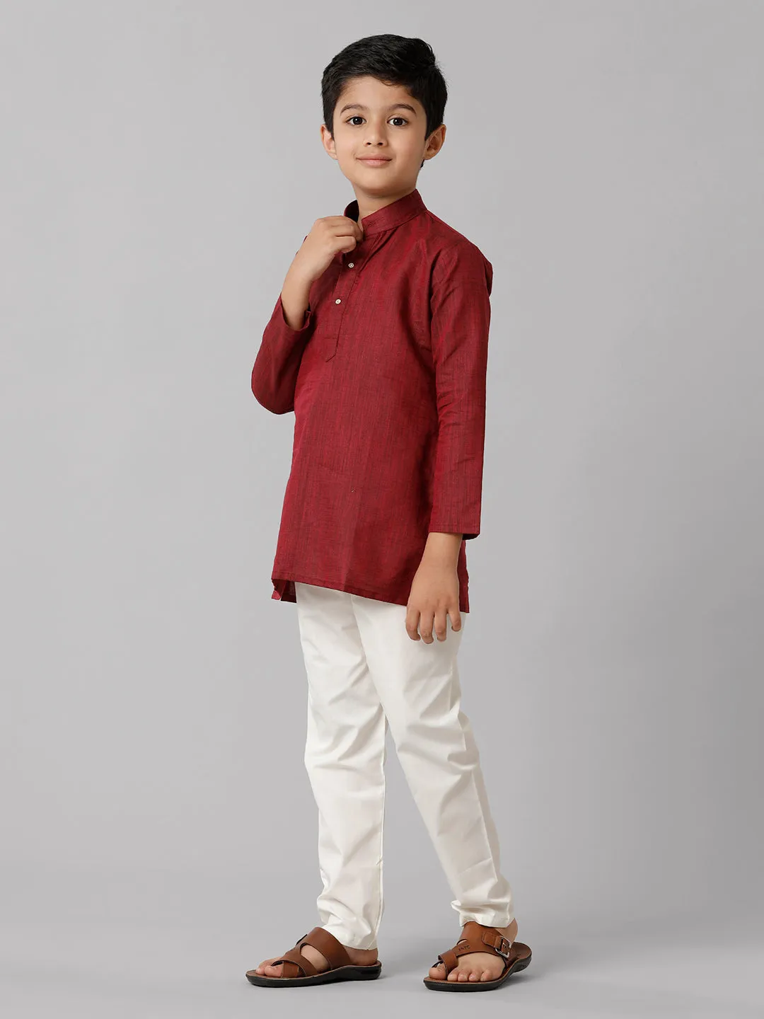 Boys Cotton Full Sleeves Maroon Kurta with Cream Pyjama Pant Combo FS7