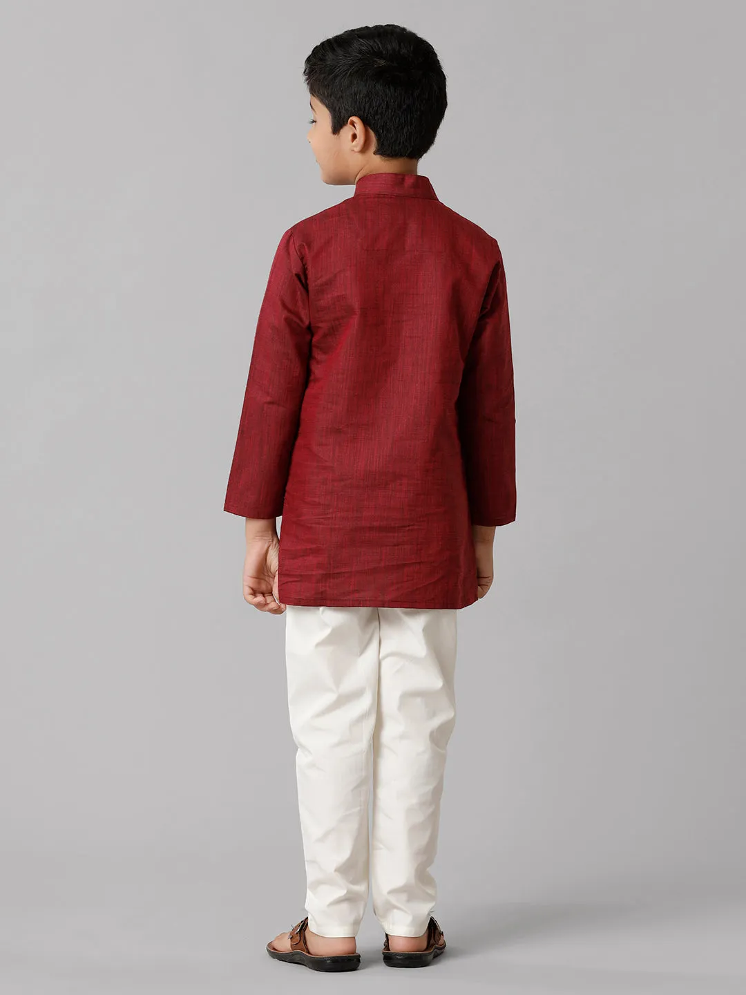 Boys Cotton Full Sleeves Maroon Kurta with Cream Pyjama Pant Combo FS7