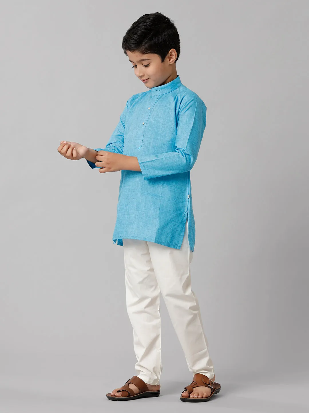 Boys Cotton Full Sleeves Sky Blue Kurta with Cream Pyjama Pant Combo FS4