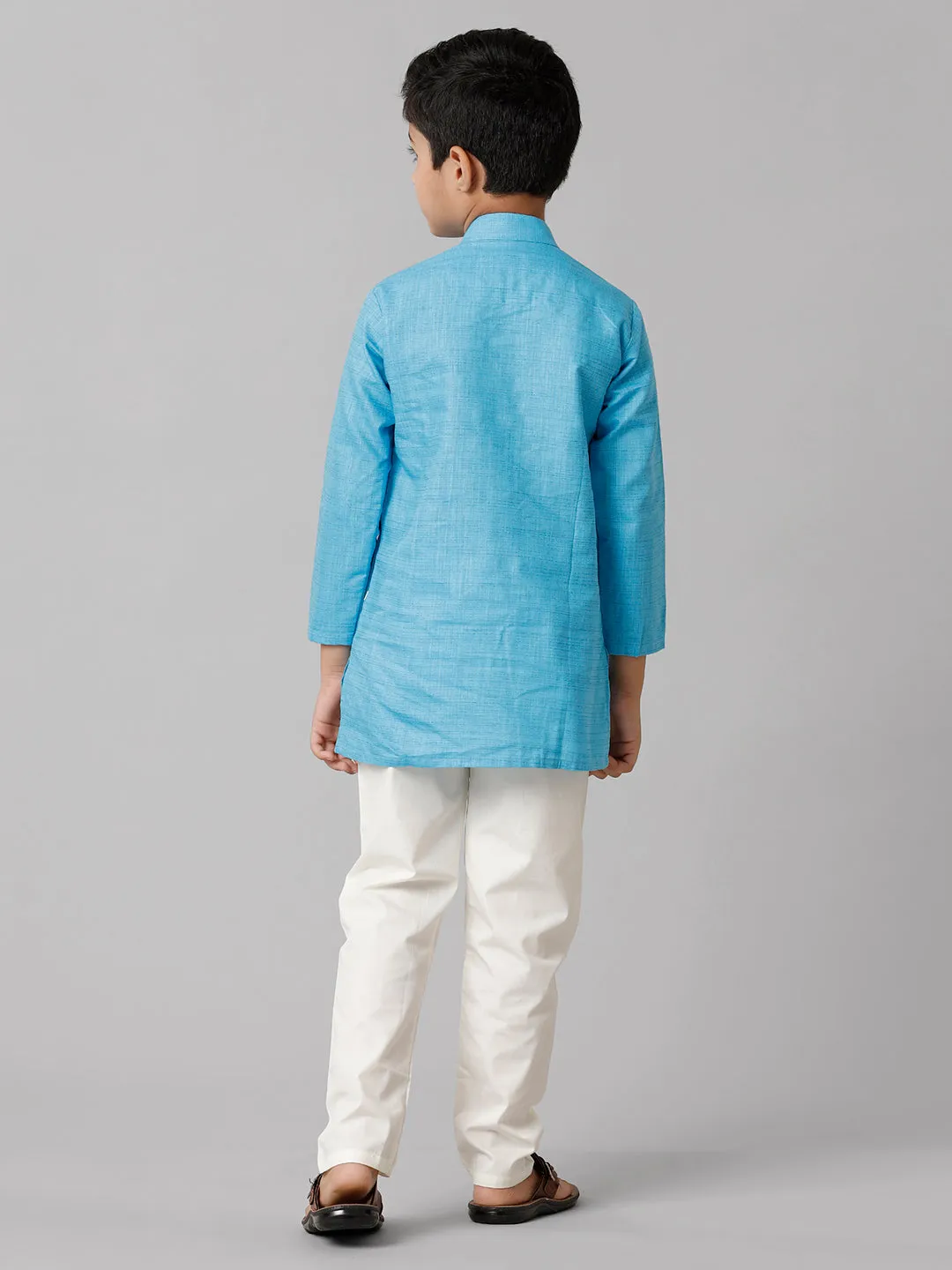 Boys Cotton Full Sleeves Sky Blue Kurta with Cream Pyjama Pant Combo FS4