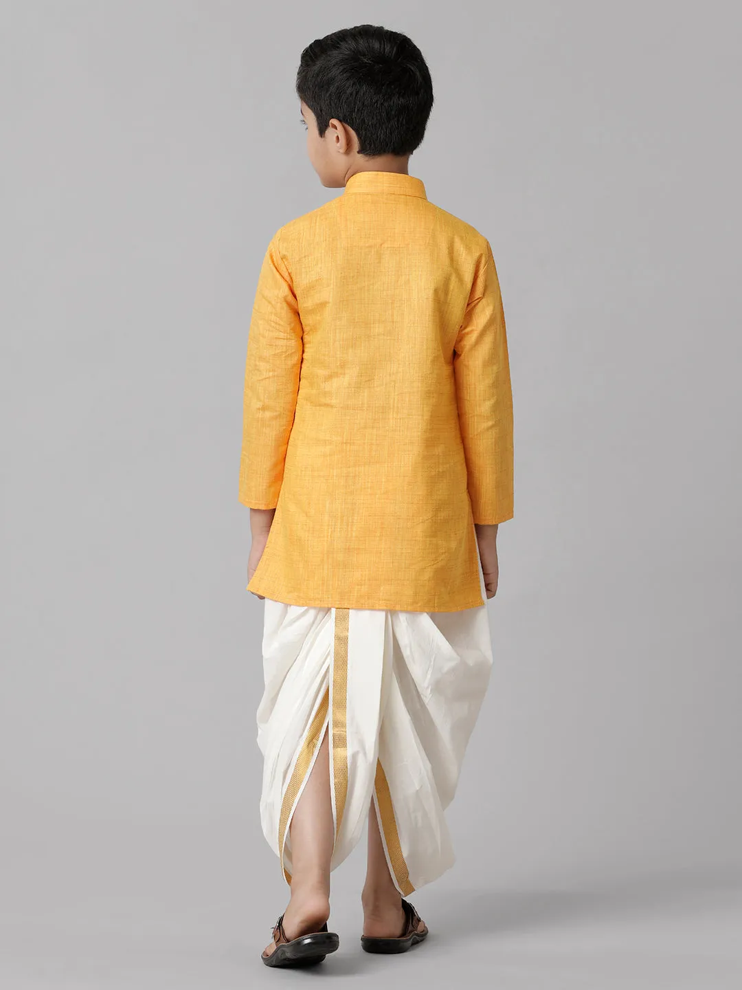 Boys Cotton Yellow Kurta with Cream Elastic Panchakacham Towel Combo FS1